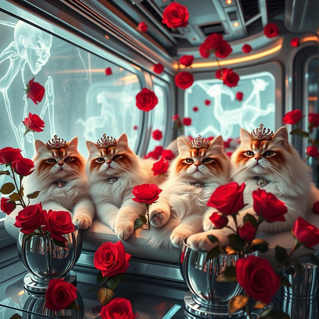 Regal Cats in Futuristic Interior with Roses