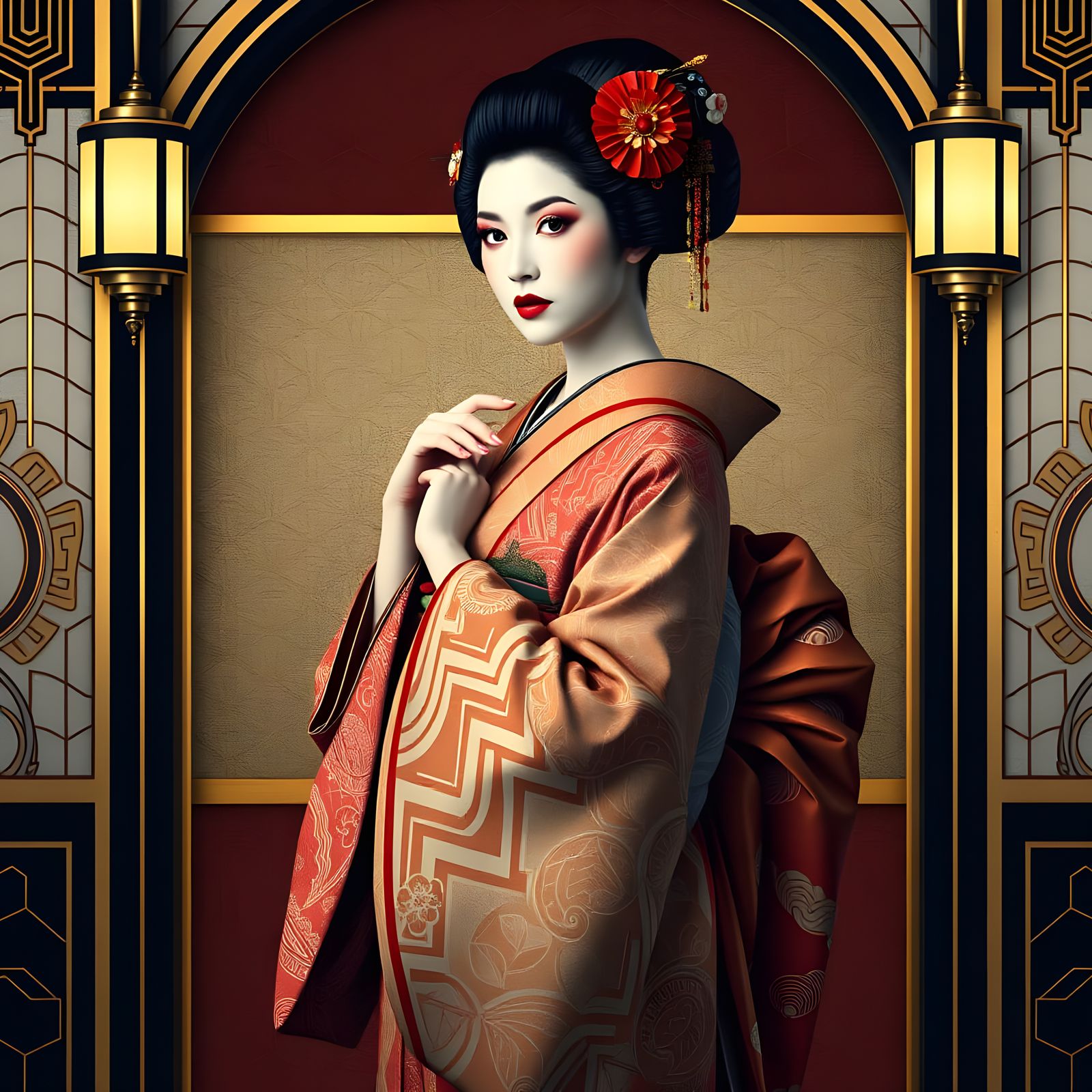Art Deco Geisha in Japanese Woodblock Style