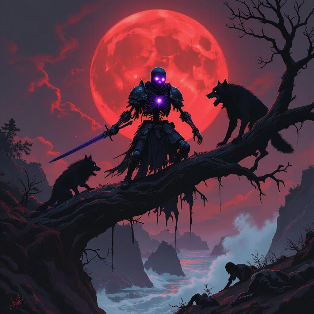 Skeleton Knight Battles Werewolves Under Blood Moon