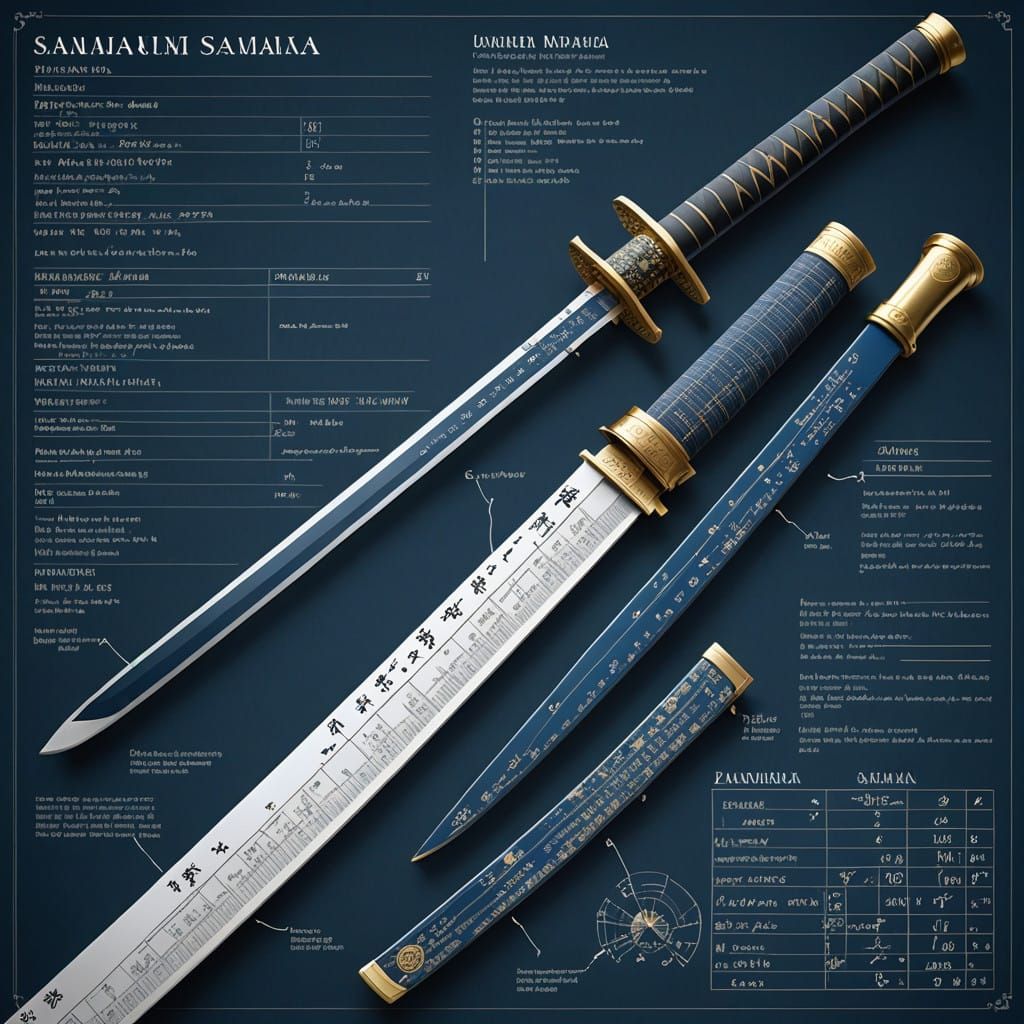 Surreal Katana Blueprint in Deep Blue and Gold