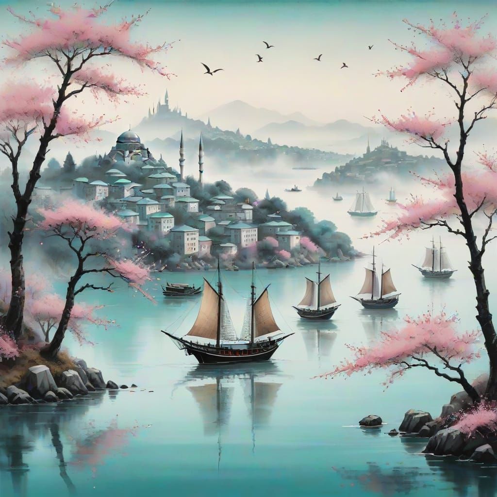 Surreal Sumi-e Art of Bosphorus Ships in Misty Japanese-Insp...