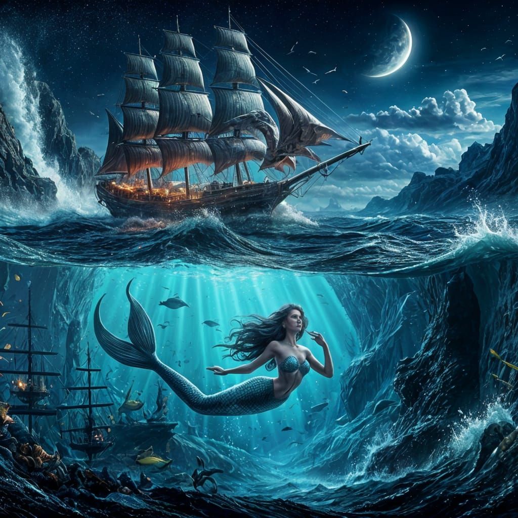 Mermaid Swims Below Pirate Ship Under Crescent Moon