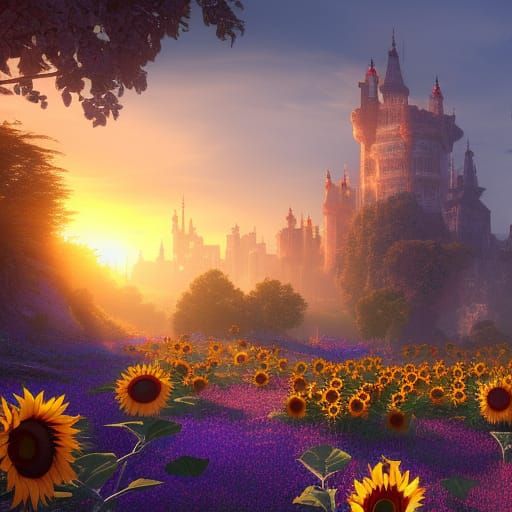 Sunflower Castle Sunrise: Detailed Fantasy Art
