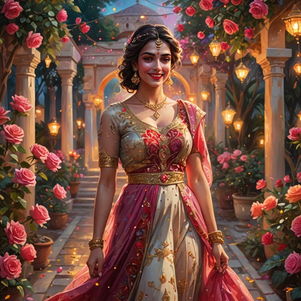 Diwali Beauty in a Fantastical Garden, Oil Painting