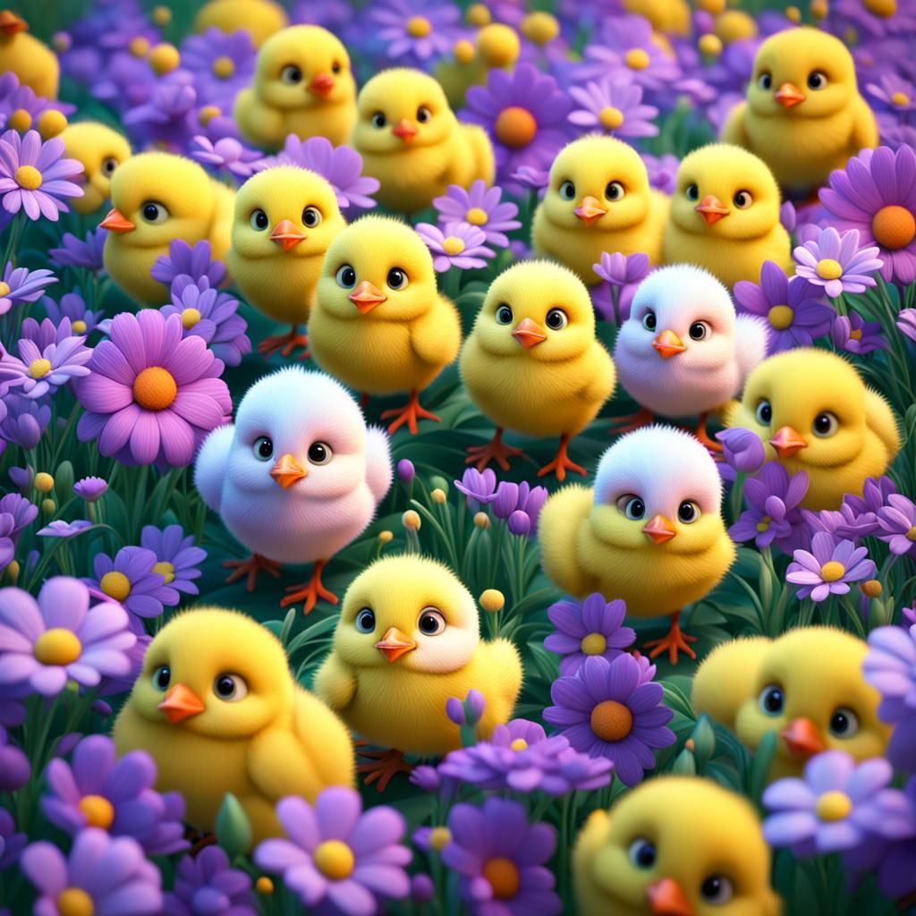 Baby Chicks in Flowers: 3D Digital Art