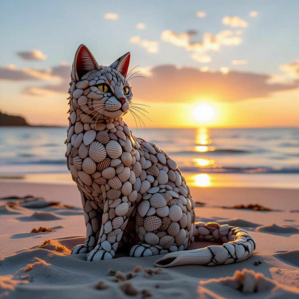 Seashell Cat Sculpture at Sunset