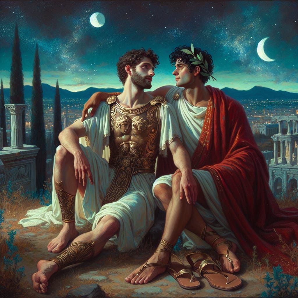 Roman Men Stargazing in Impressionistic Style