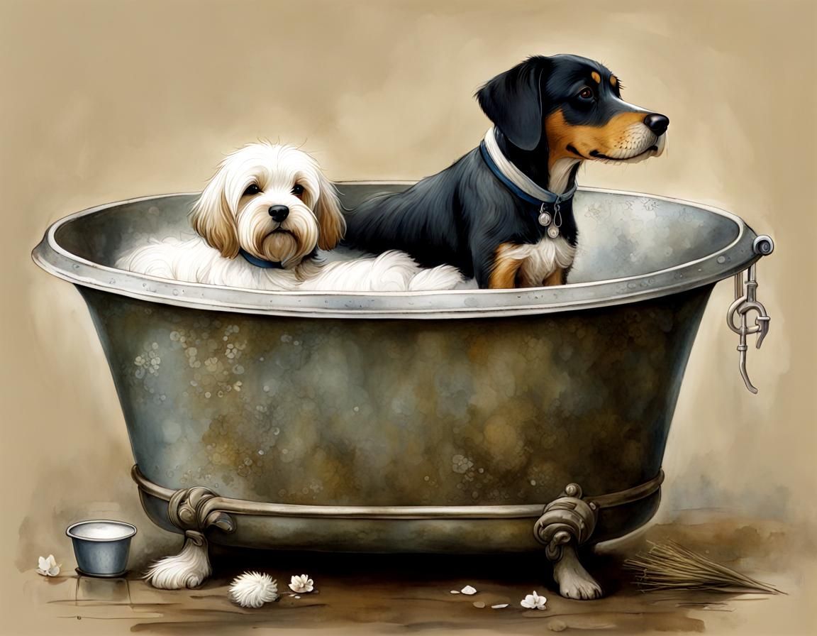 Boy Bathes Dog in Zinc Tub: Intricate Illustration