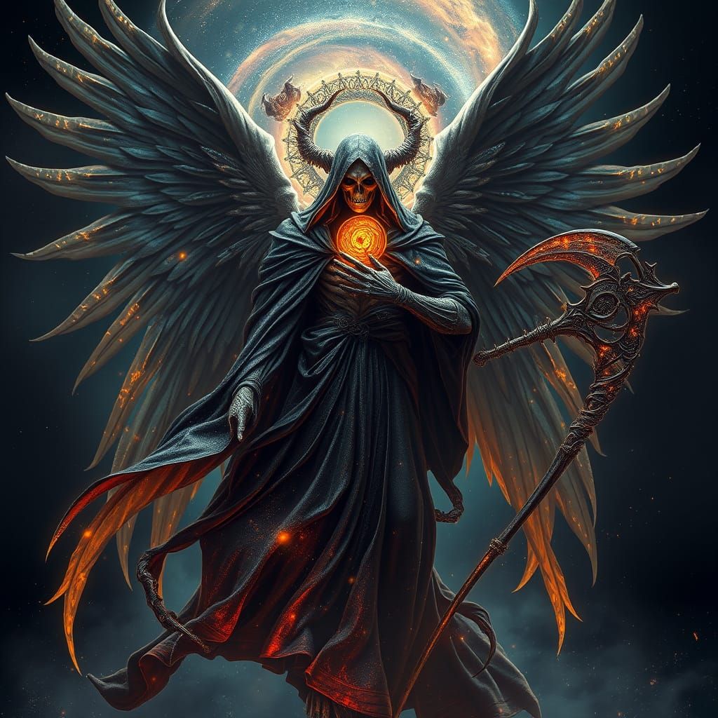 Majestic Angel of Death in Cosmic Robes with Obsidian and Ir...