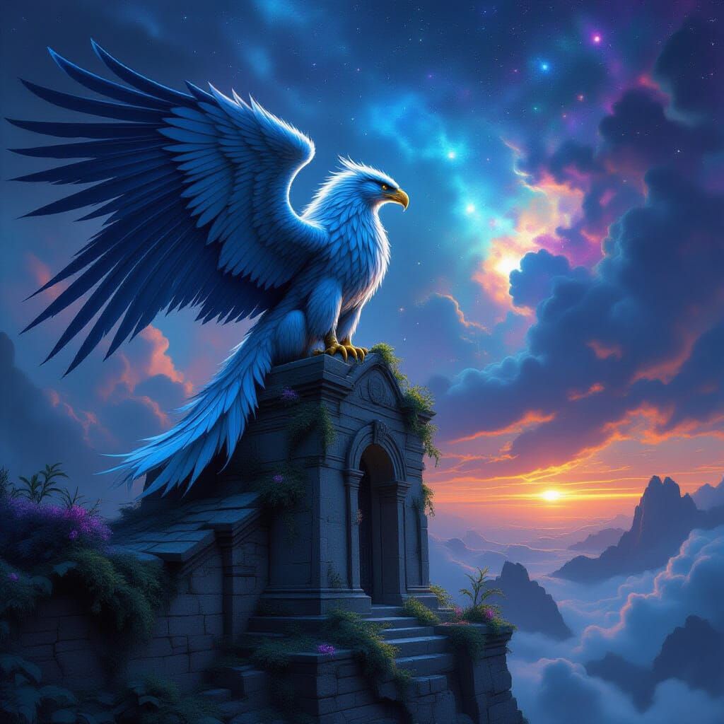 Griffin on Ancient Observatory Under Nebula Sky