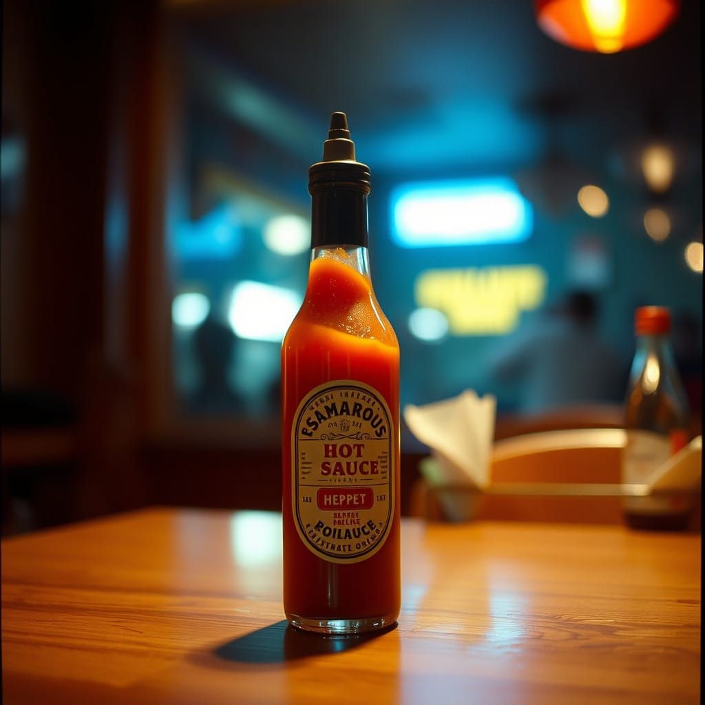 A Bottle of Hot Sauce in Cinematic Film Style