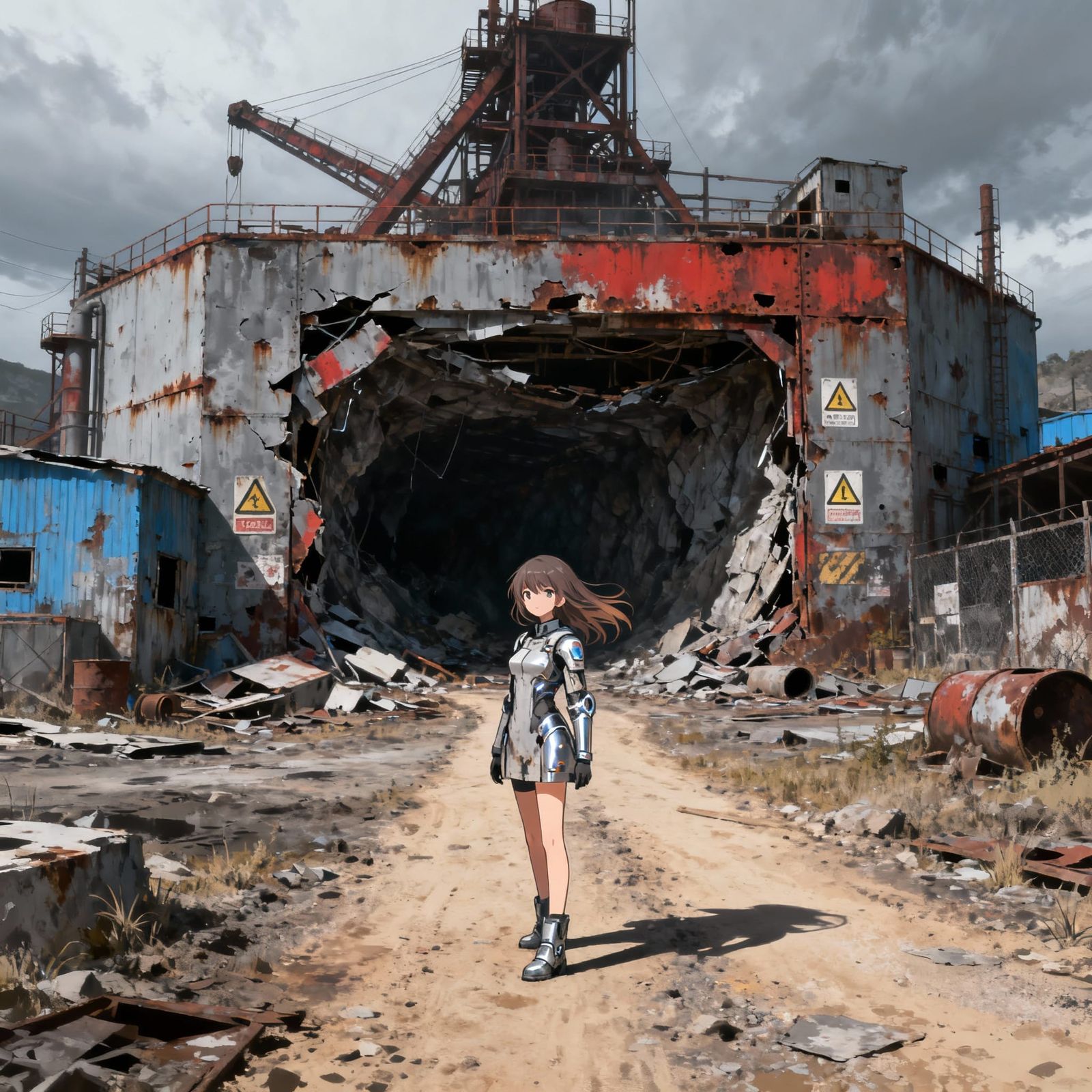 Sci-Fi Anime Girl Approaches Ruined Open Pit Mine
