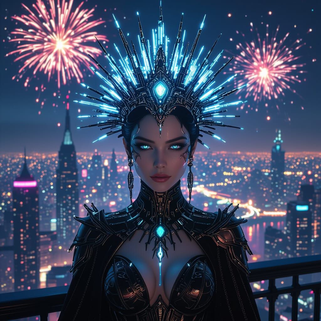 Cybernetic Empress on Neon Metropolis Balcony