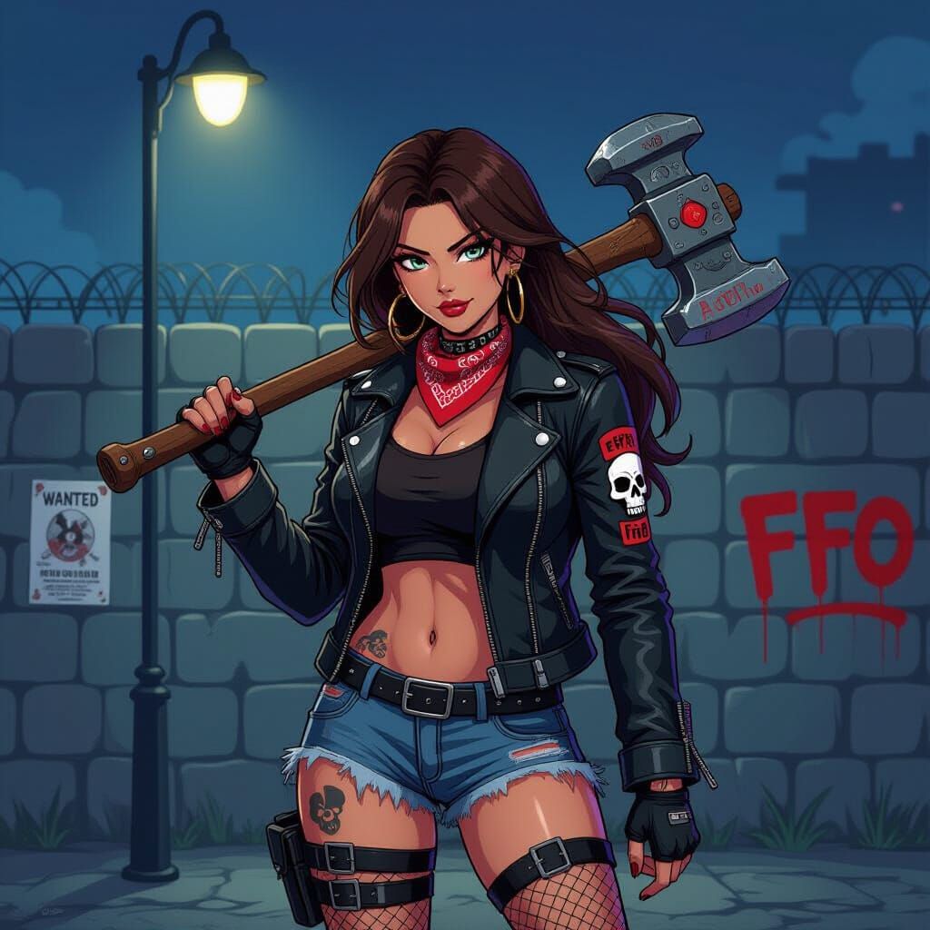 Cyberpunk Woman with Sledgehammer Outside Prison