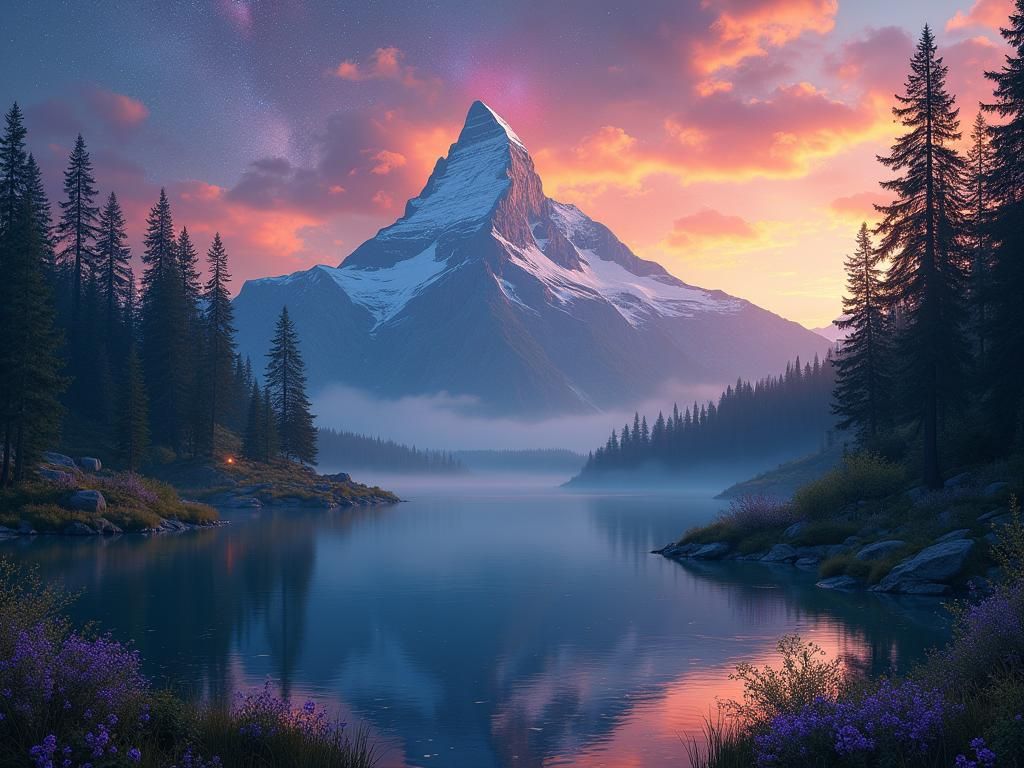 Majestic Mountain Peak Reflected in Lake at Twilight