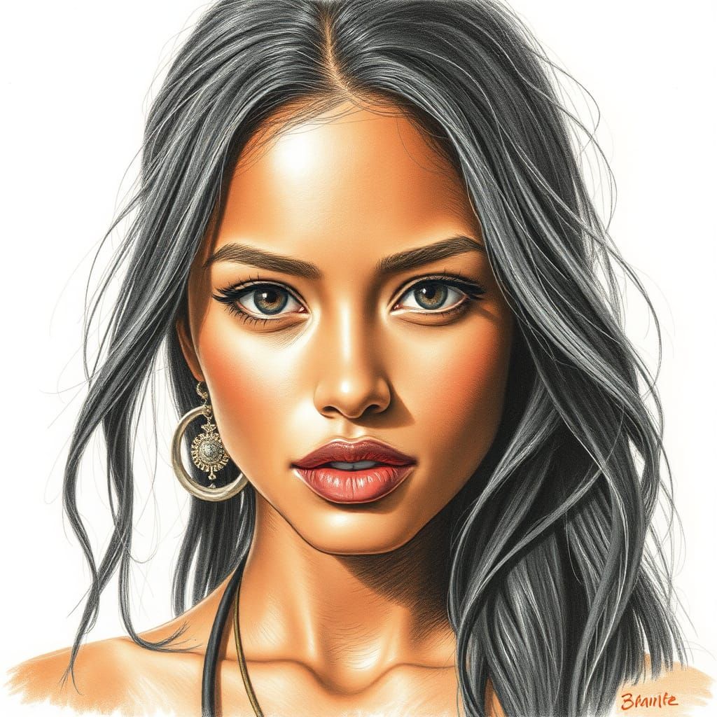 Exotic Native Woman: Realistic Pencil Drawing