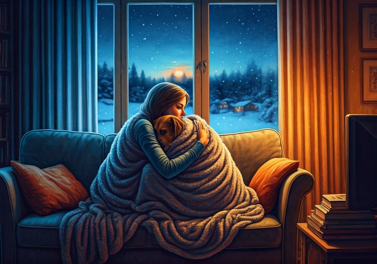 Cozy Evening: Woman and Dog in Watercolor Style