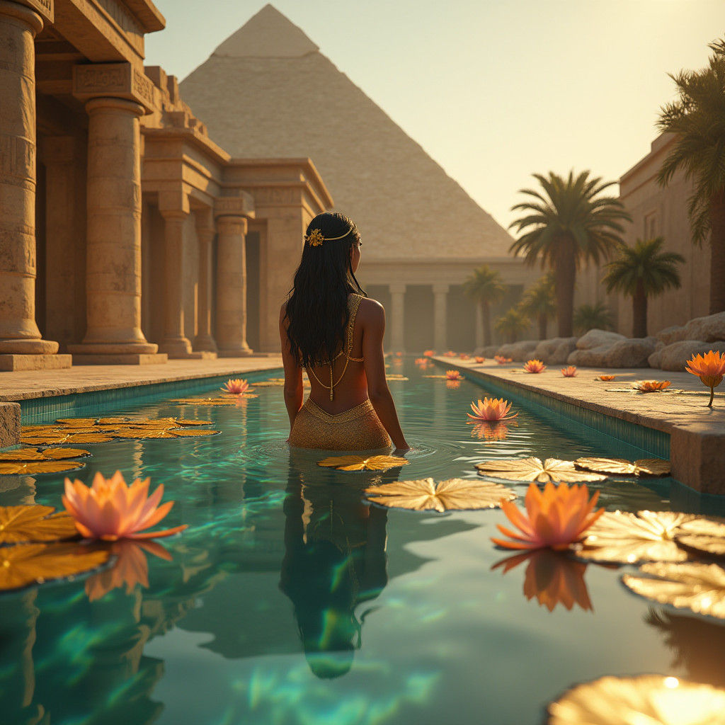 Egyptian Temple with Lotus Pool and Woman