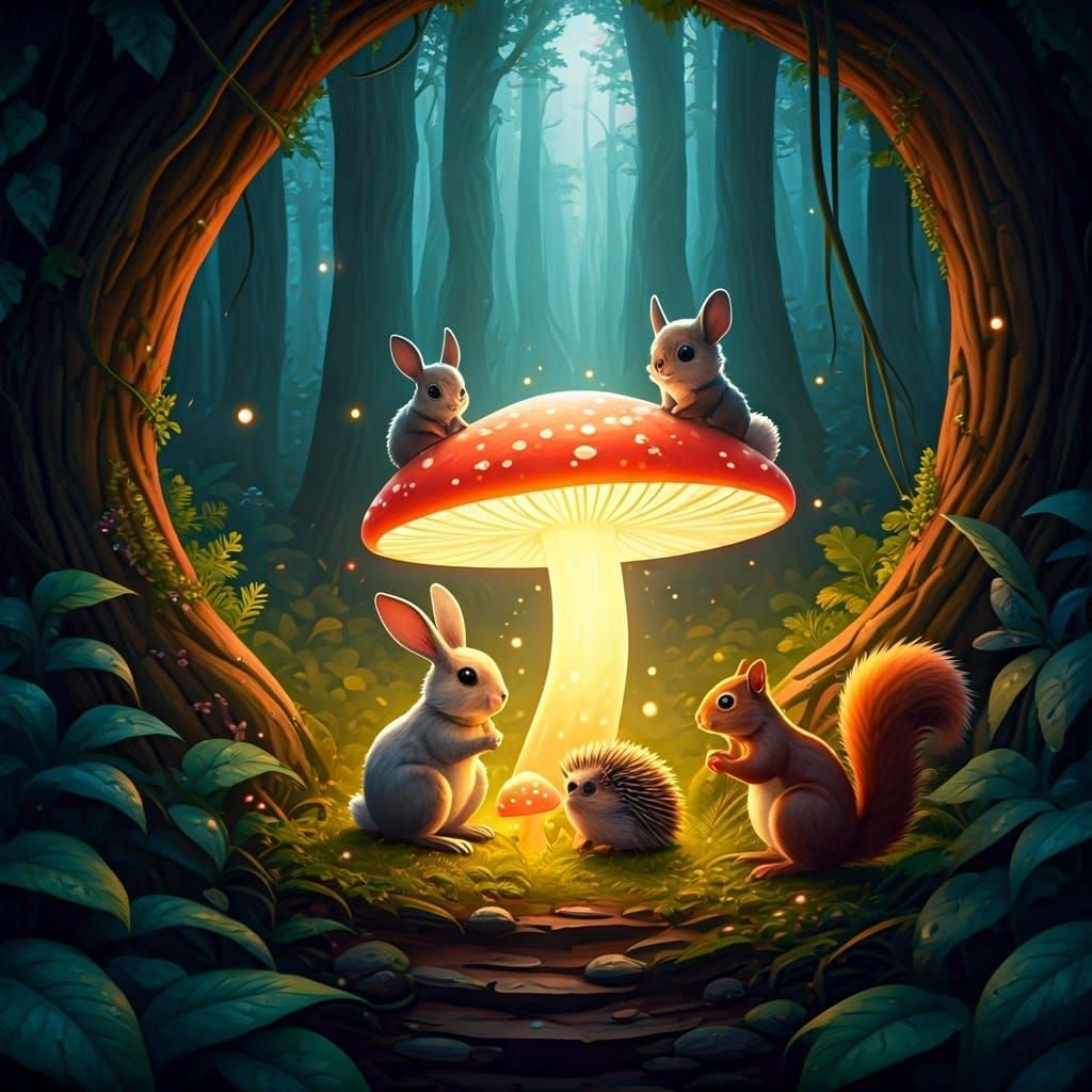 Whimsical Forest Creatures Gather Around Glowing Mushroom