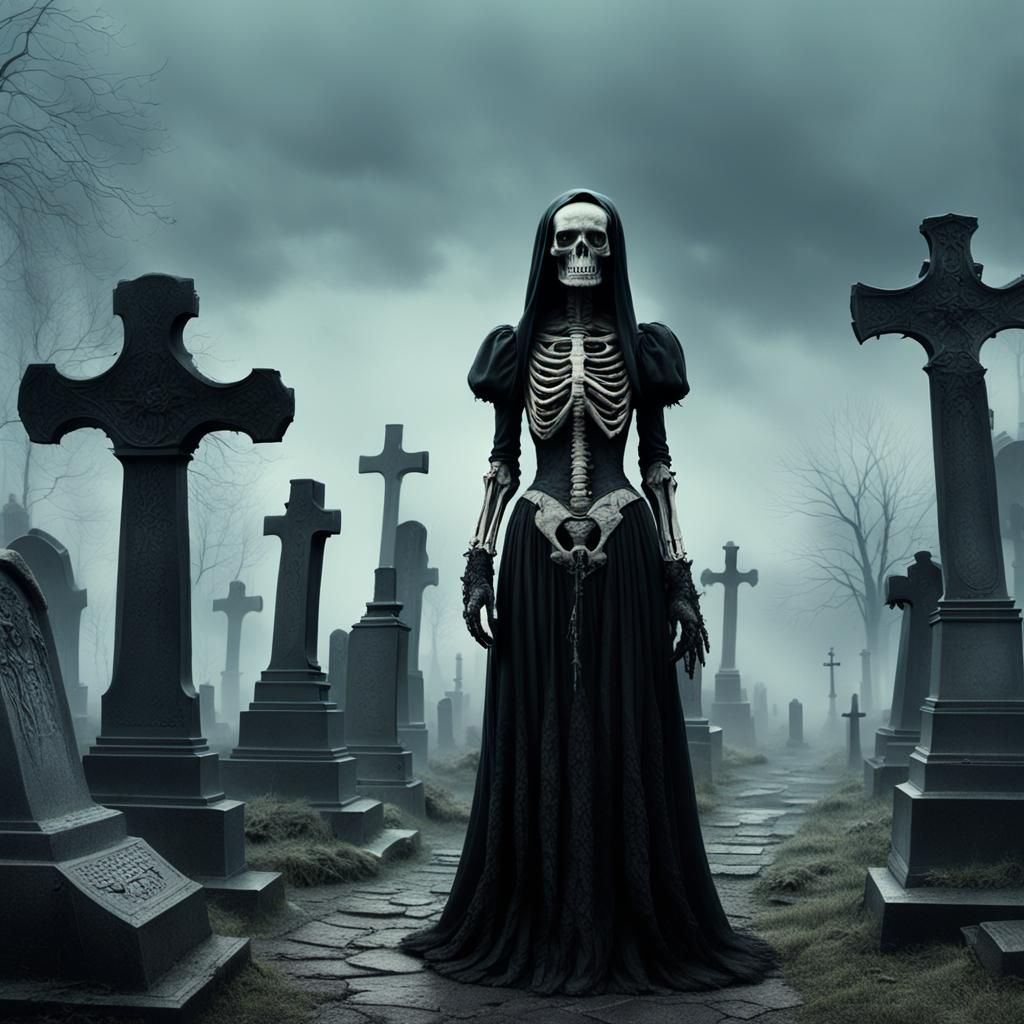 Eerie Graveyard Scene in Beksiński and Giger Style