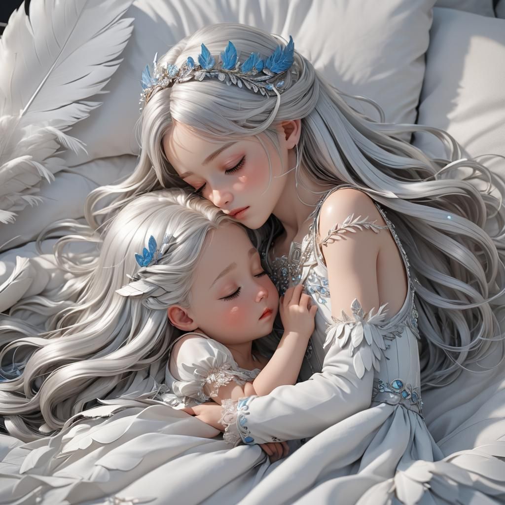 Silver-Haired Princess Touching Sleeping Baby: Anime Art