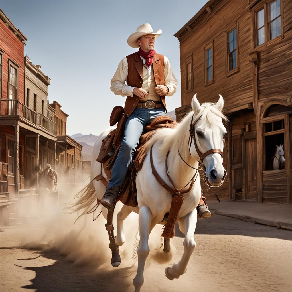 Cowboy Pursues Stagecoach in Old Western Town