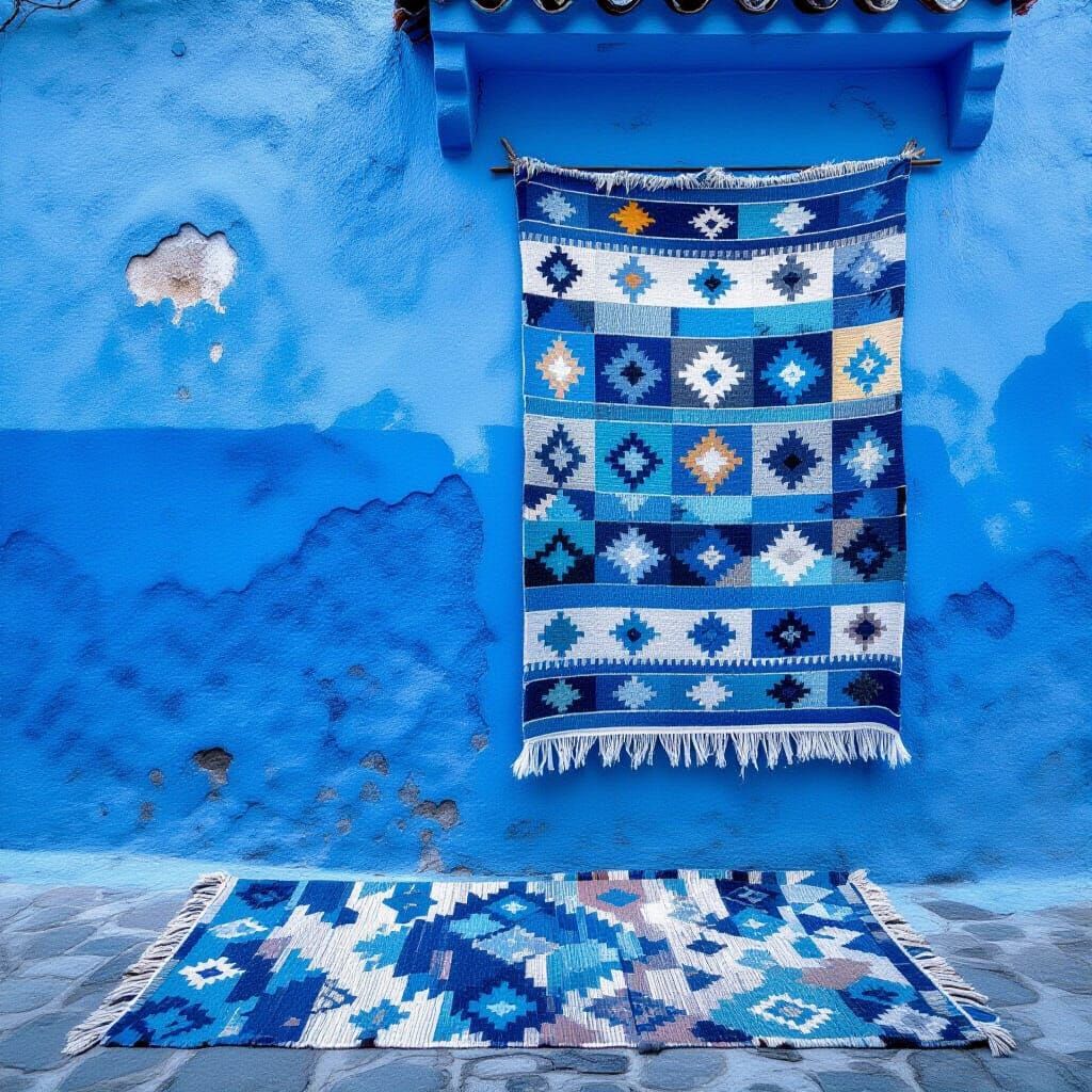 Textured Blue Wall in Chefchaouen with Woven Rug
