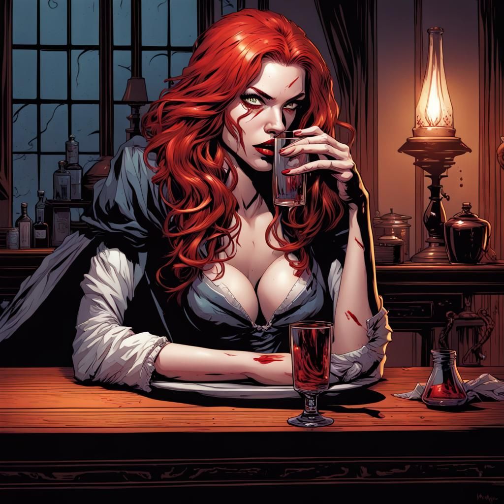 Red-Haired Vampire Drinking Blood Comic Art