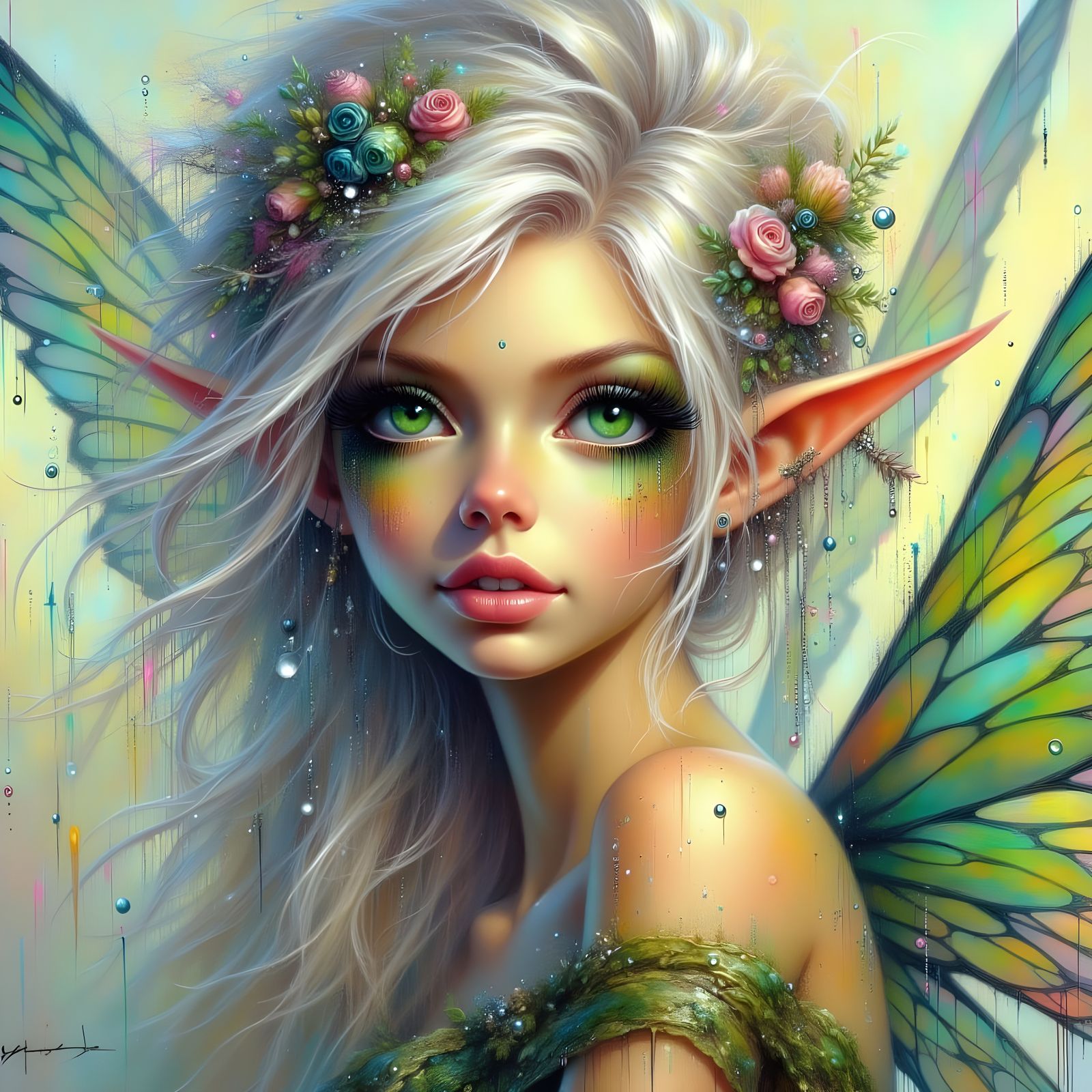 Gorgeous Faerie Portrait with Silver Hair and Green Eyes