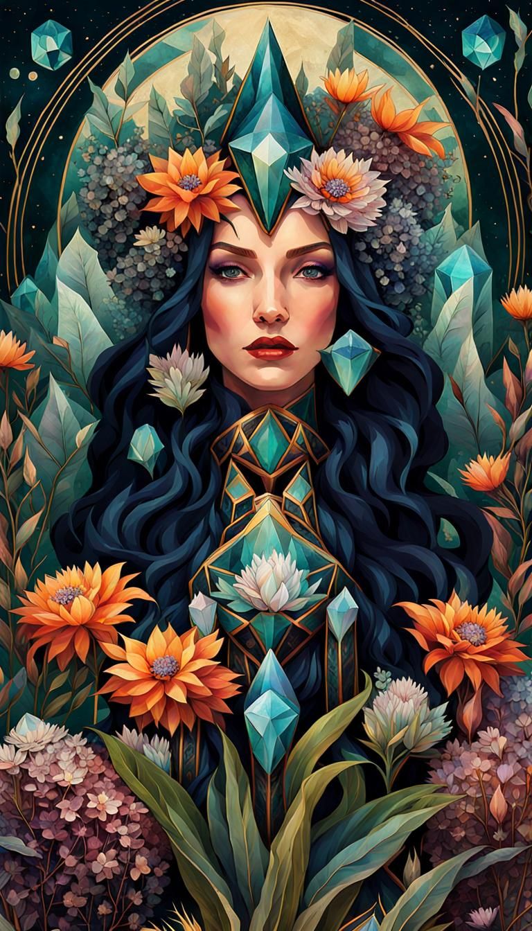 Boho Witch in Crystal Garden, Art Deco Style