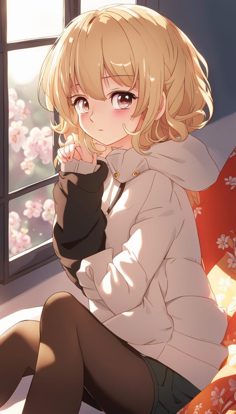 Anime Girl on Windowsill in Morning Light