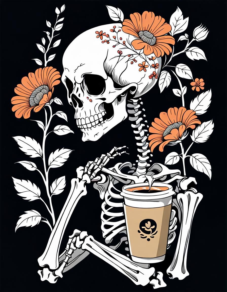 Minimalist Skeleton Coffee Tattoo in Line Art Style