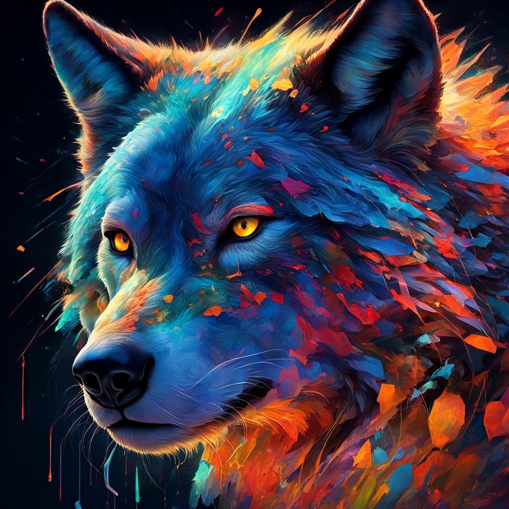 Bioluminescent Wolf in Colorful Textured Glitchcore