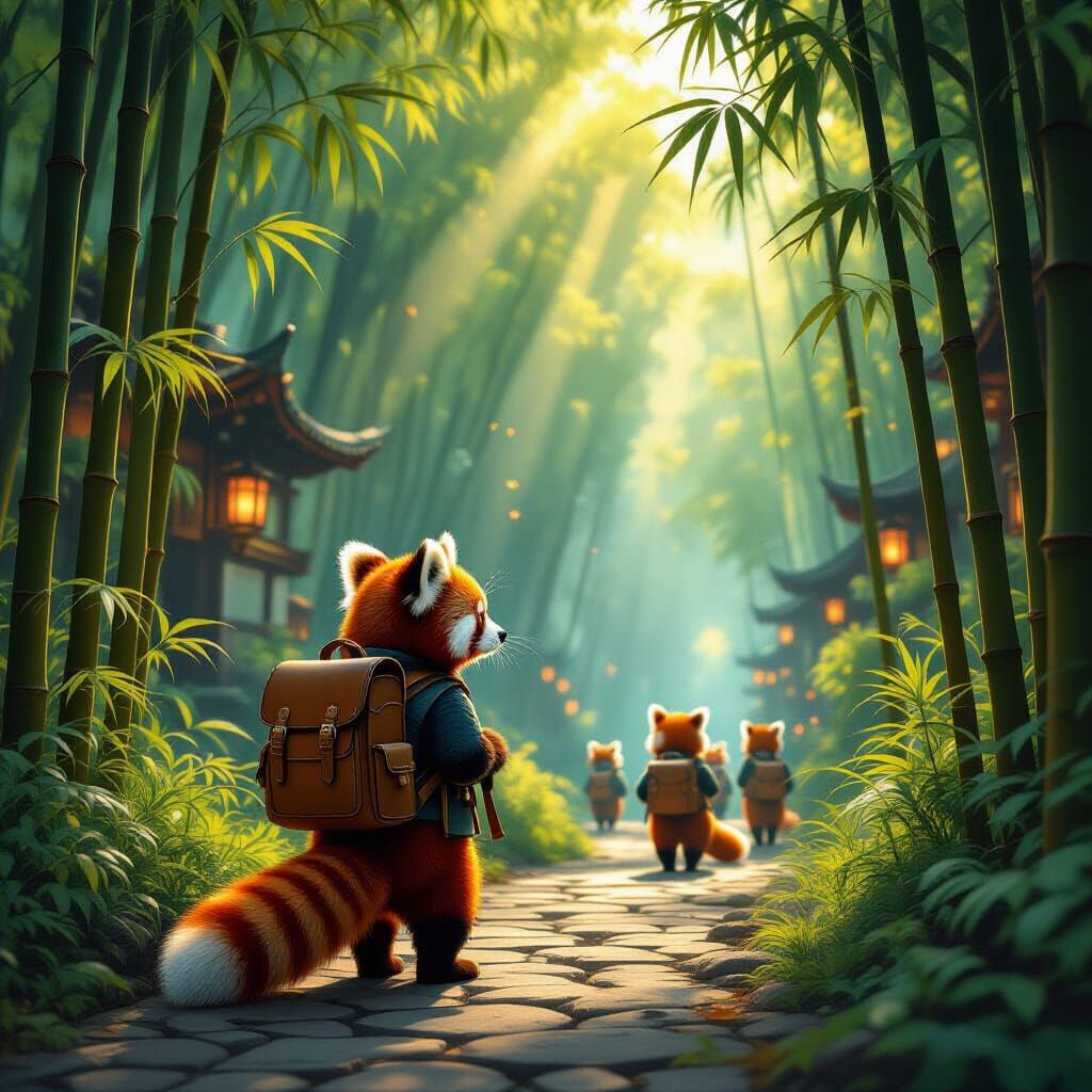 Red Panda Explorer in Surreal Fantasy City
