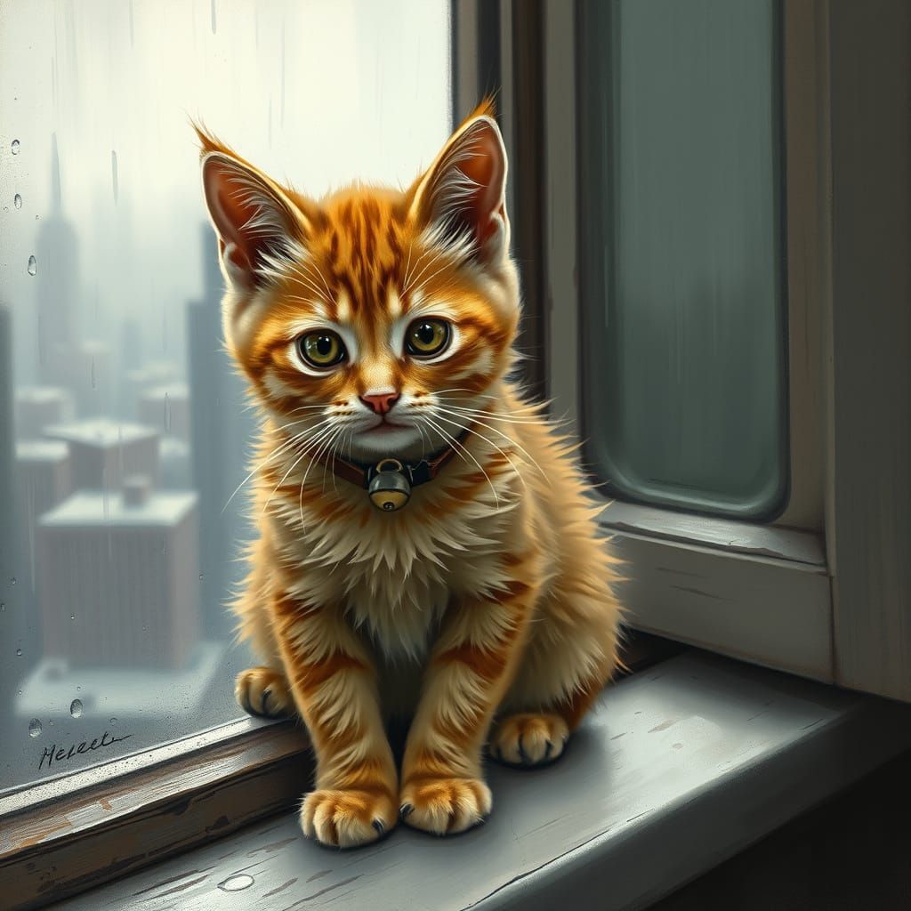 Ginger Kitten Gazing at Rainy Cityscape