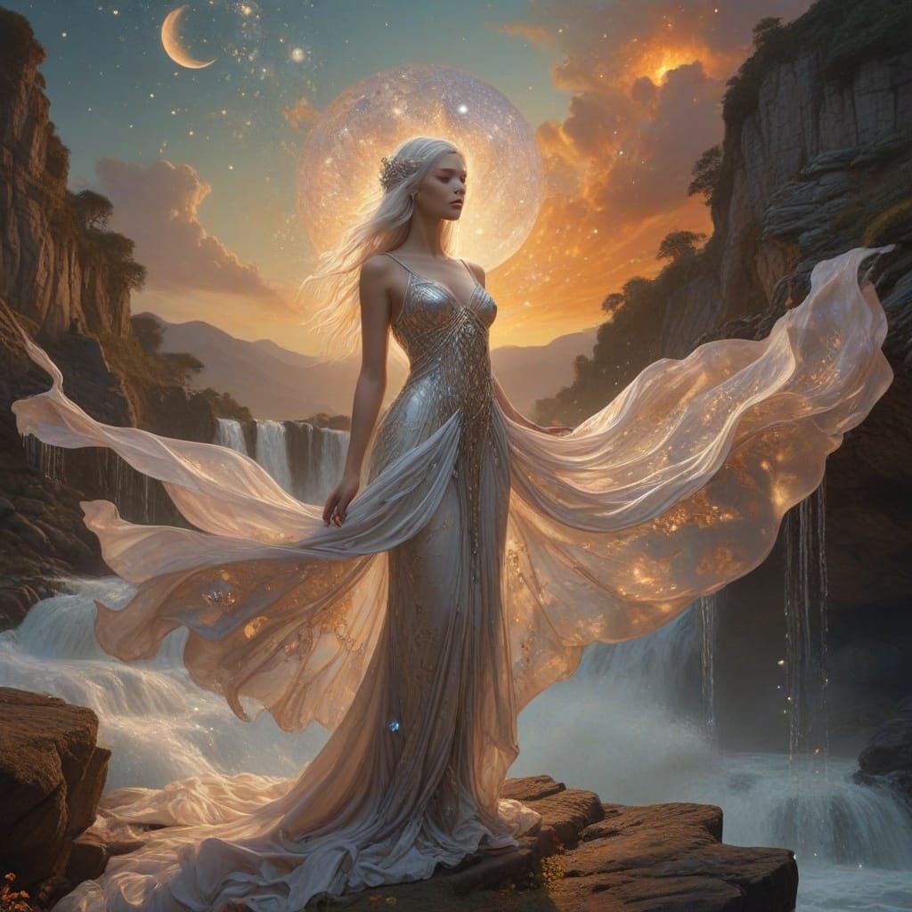 Surreal Goddess Emerges from Stardust Waterfall in Ethereal ...