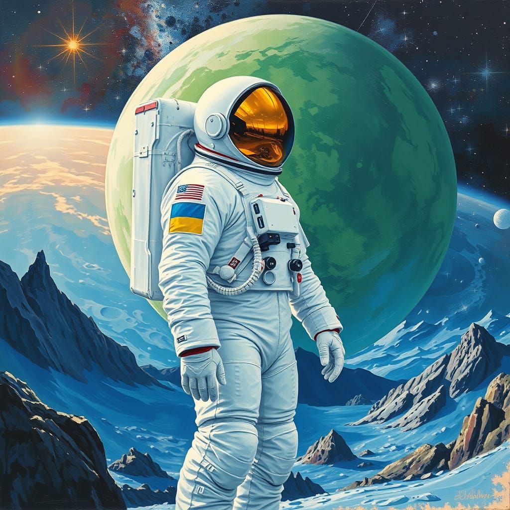 Epic Astronaut in Majestic Cosmic Landscape, Gouache Impress...