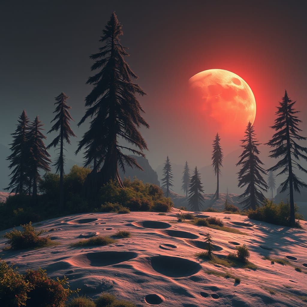 Surreal Futuristic Landscape with Lush Moon and Dying Earth