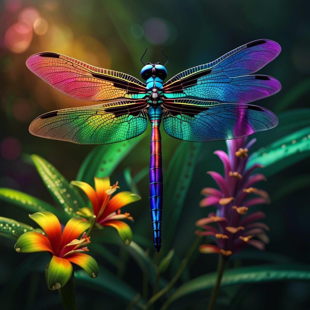 Rainbow Dragonfly on Tropical Flower: Photorealistic Detail