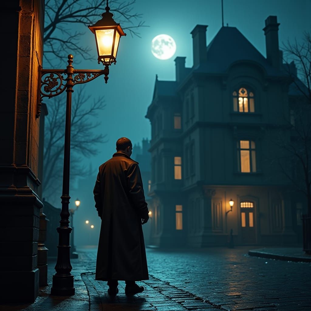 Grim Dark Steampunk Figure Gazing at Gothic Mansion