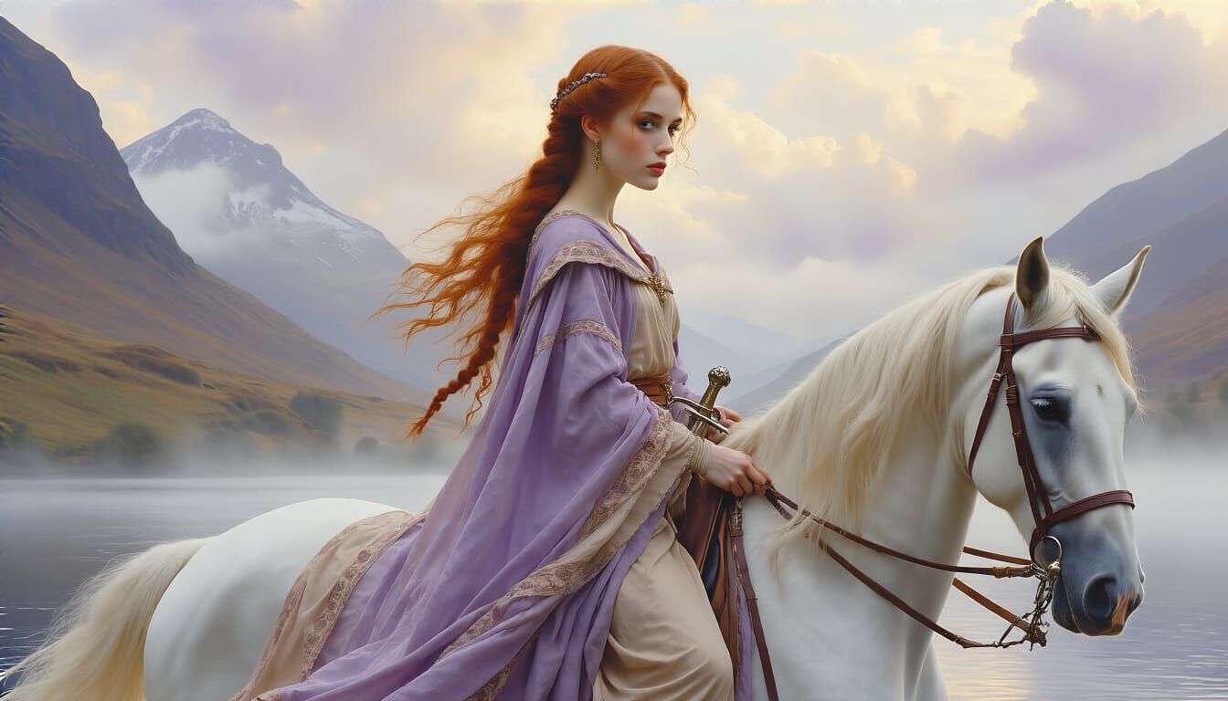 Red-Haired Woman on White Horse in Loch