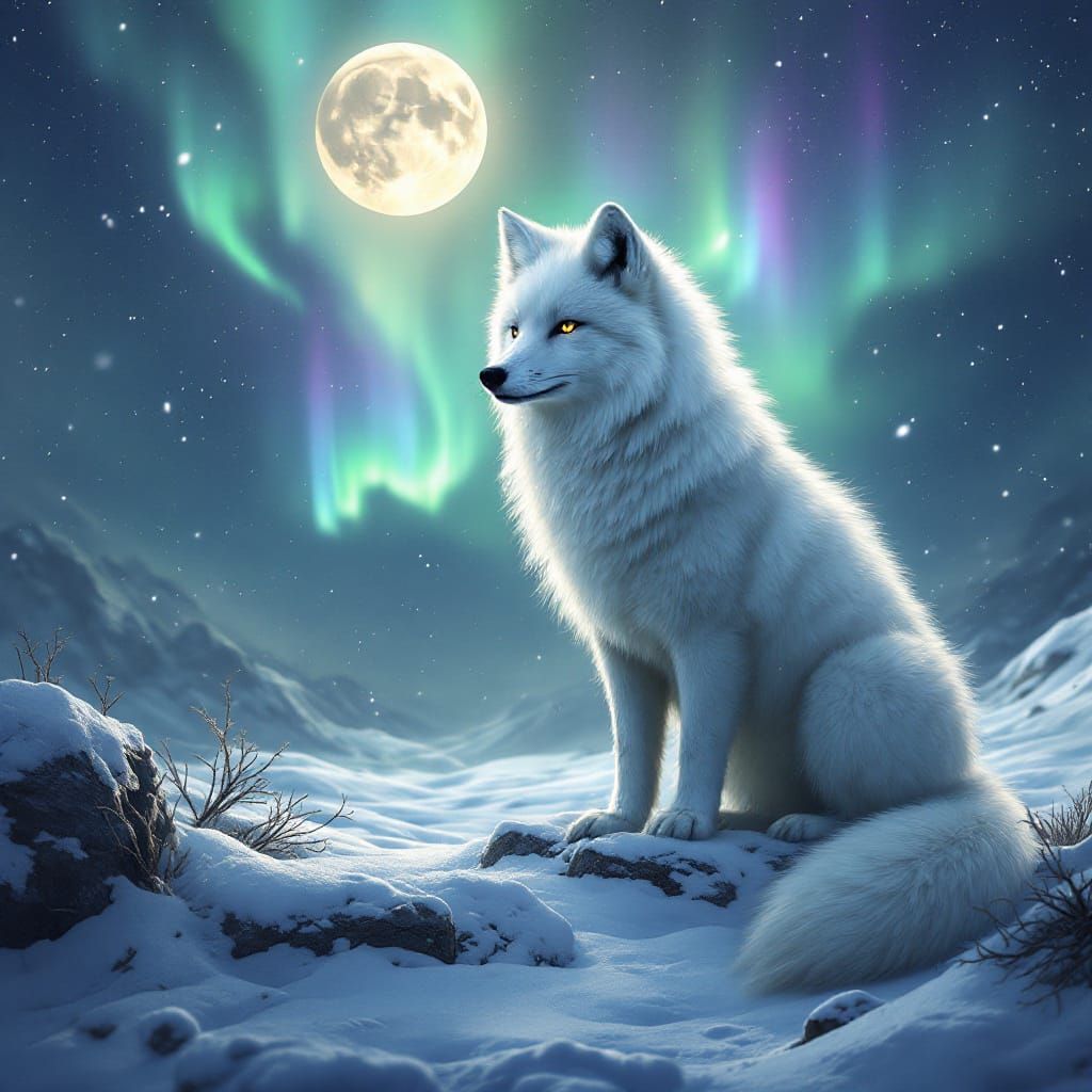 White Fox in Arctic Aurora: Fantasy Concept Art