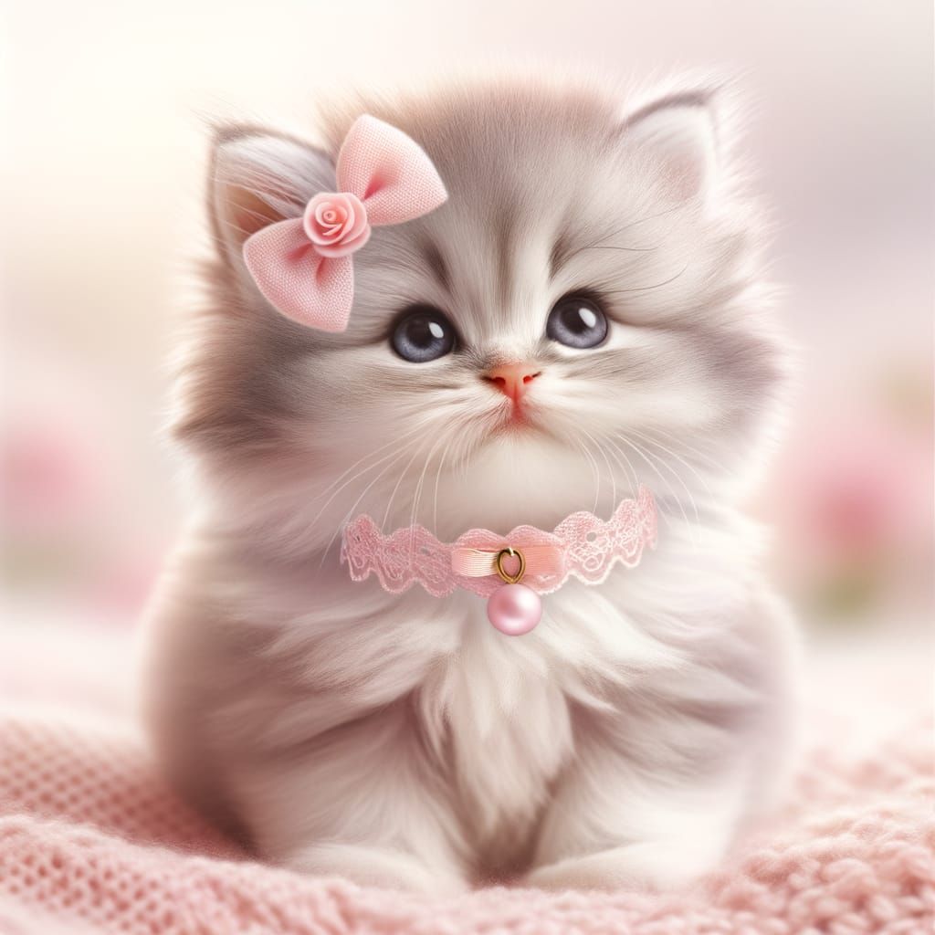 Adorable Fluffy Kitten with Pink Collar and Bow