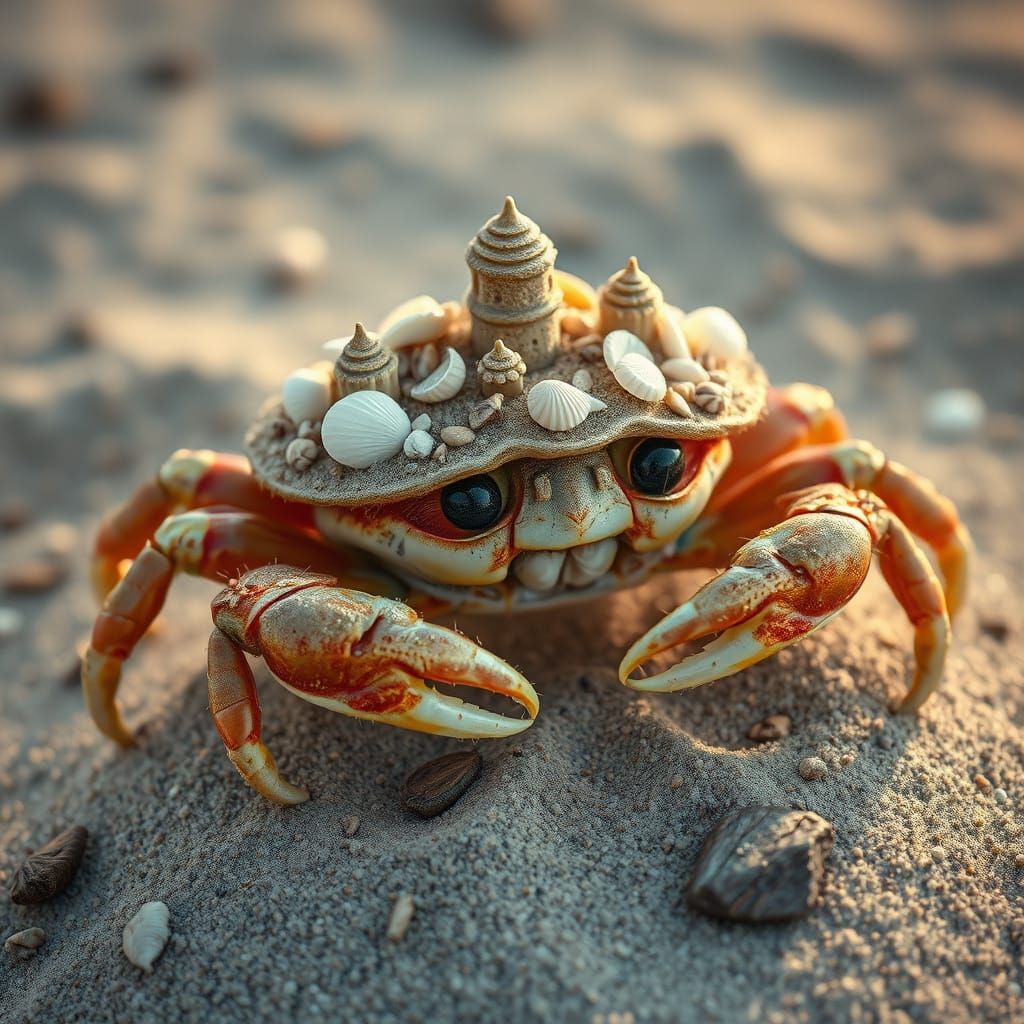 Whimsical Crab Wears Sandcastle Hat Detailed Illustration