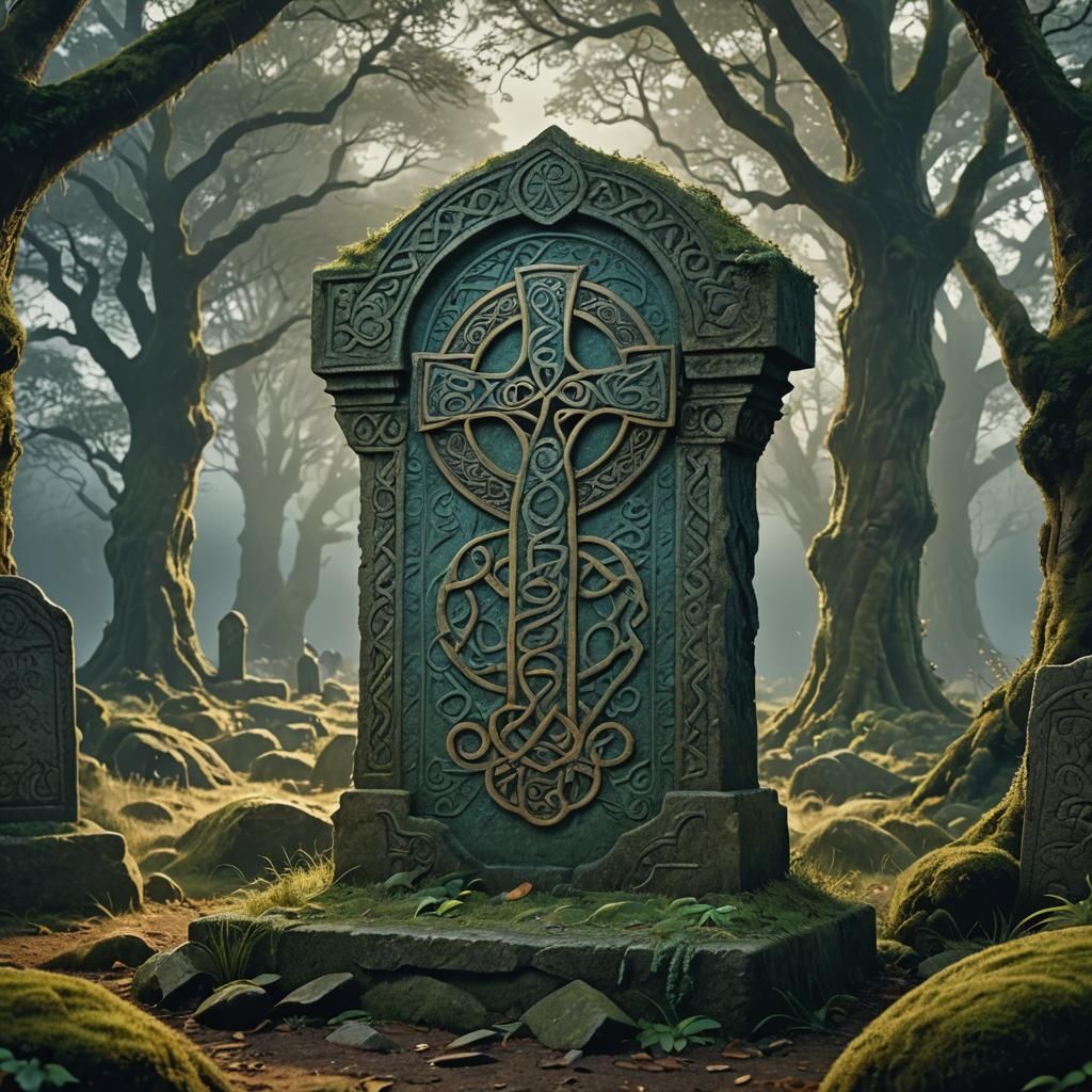 Mystical Celtic Tombstone with Etched Word in Fantasy Art