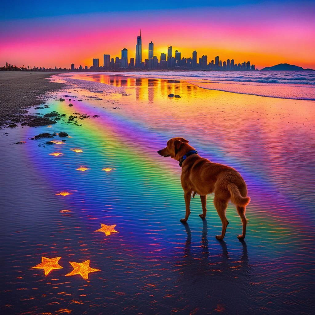 Dog Watches Sunset, Futuristic Cityscape Background