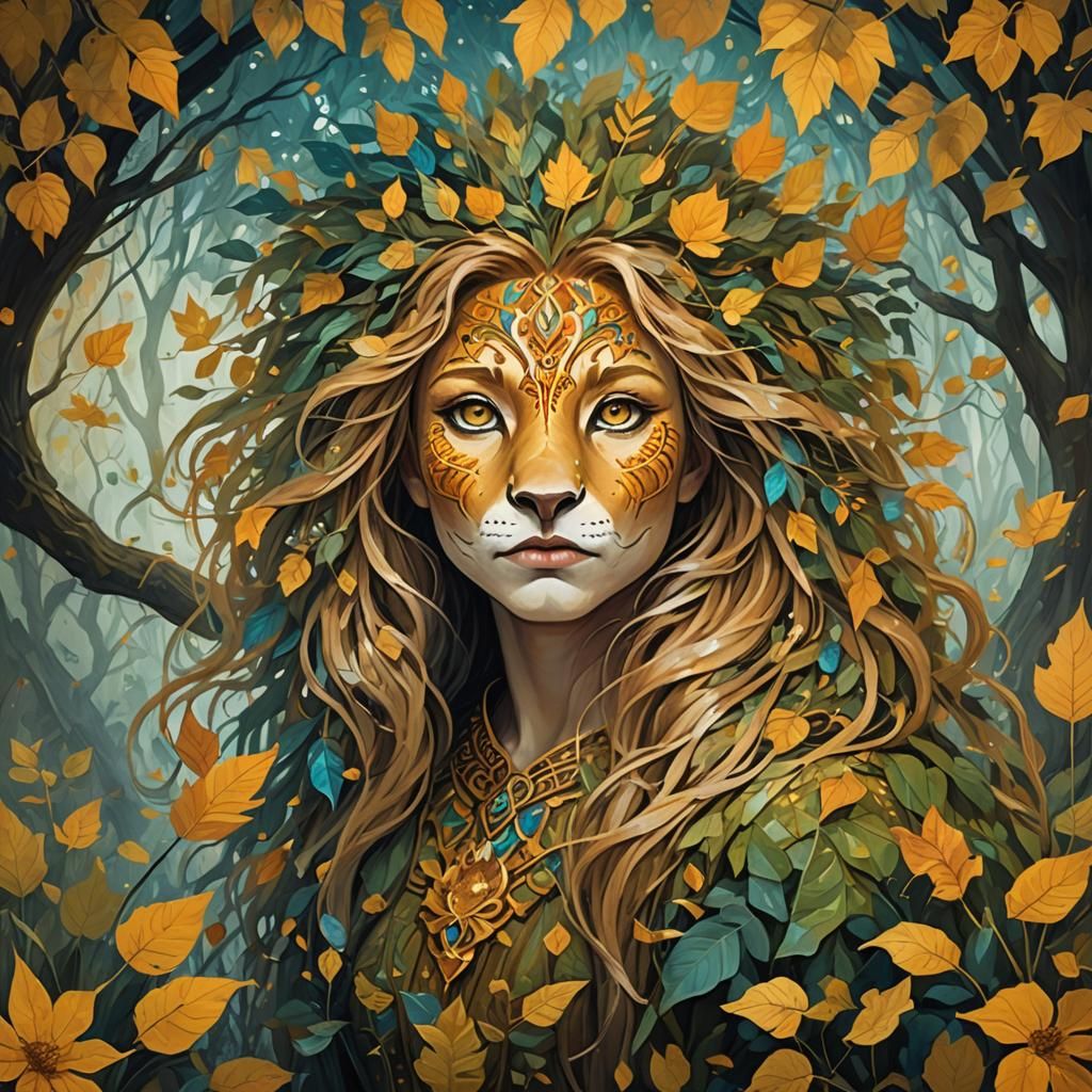 Lion-Eyed Girl in Mystical Foliage: Fantasy Art