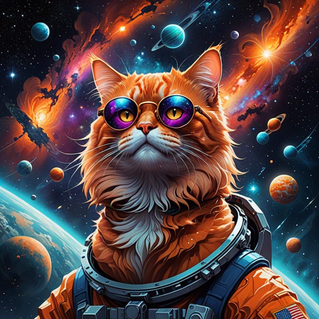 Cosmic Cat in Orange Sunglasses Flies Through Vibrant Galaxy