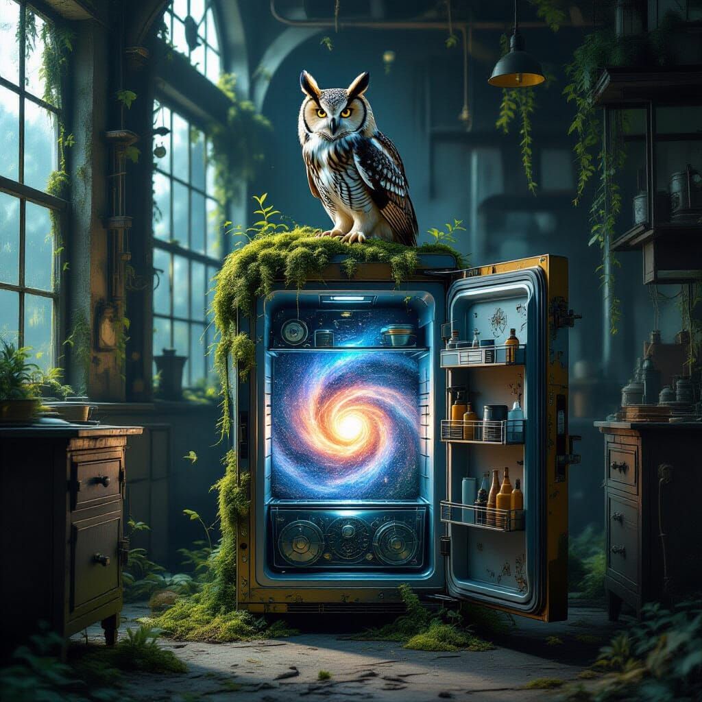 Nebula Owl on Steampunk Fridge, Surreal Cosmic Art
