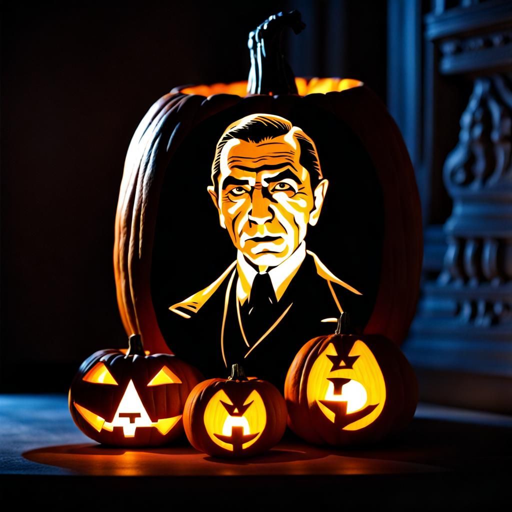 Illuminated Jack-o-Lantern Featuring Bela Lugosi Portrait
